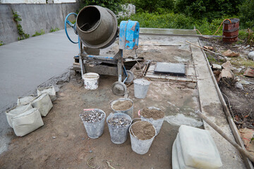 Concrete mixer at a construction site. Concreting of floors