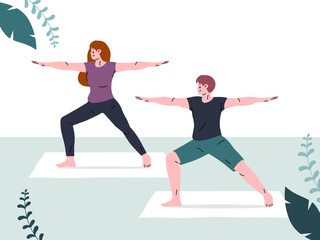 People exercising indoors at home. Yoga and fitness, healthy lifestyle.