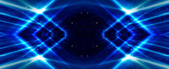 Abstract blue dark background with lines and rays. Symmetric reflection of neon light. Light tunnel, sparks. The movement of light. Night view.