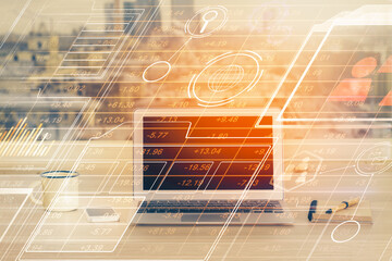 Double exposure of desktop computer and technology theme hologram. Concept of software development.