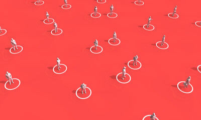 Social distancing concept. People stood in isolated circles. 3D Rendering