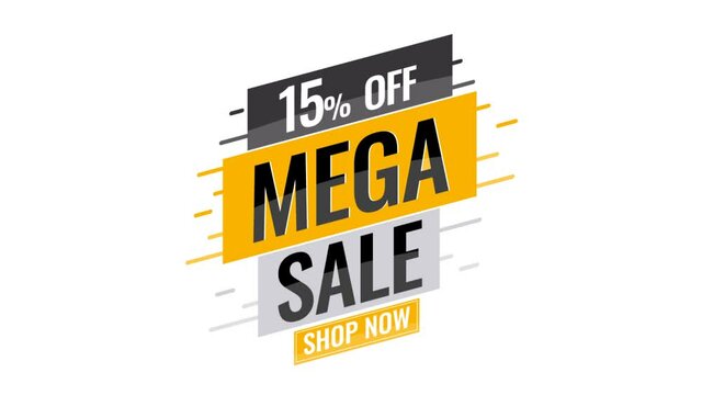 Ad banner Mega sale discount Up to 15% off motion graphic on transparent background.