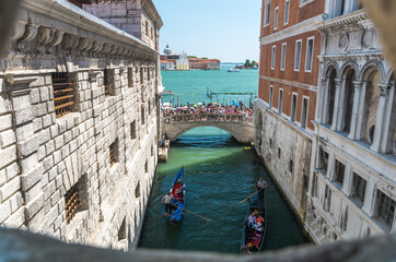 View from The Bridge of Sighs over the canal of Venice, Italy