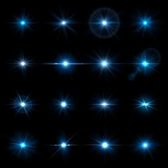 Collection of 16 Realistic Transparent Vector Stars Burning with Sparkls. Glowing Light Effects Isolated. Sparkling and Shining Stars, Flashes of Lights, Abstract Flares, Bright Glares