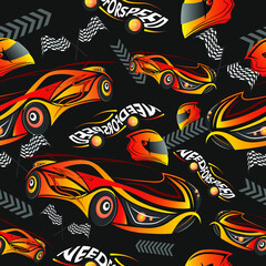 Obraz premium Seamless pattern. Yellow red sport cars and helmets that need for speed on black background. Vector illustration.