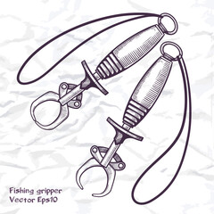 Helpful fishing tool: the fish gripper. Sketch style outline vector illustration on crumpled paper background.