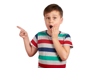 Shocked boy pointing with his finger on something, isolated on white background