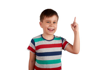 Cute kid pointing with his finger on something, isolated on white background