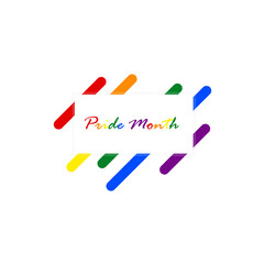 Pride month message on a square box banner colored on the rainbow text. Geometric abstract rounded square colored on a colorful background representing LGBT pride. (lesbian,gay,bisexual,transgender)