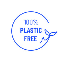 Vector icon and logo design template - 100 % plastic free emblem for packaging organic and eco-friendly products. Round sticker, stamp in simple linear style