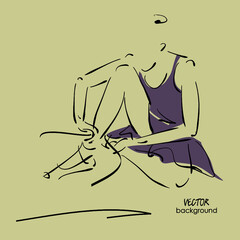 art sketch of sitting on floor and tying up pointe shoes beautiful young ballerina in dress