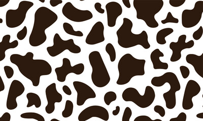 Seamless cow print pattern. Animal skin, abstract background with brown chubby dots on white. Trendy texture for print,  fabric, banner, wallpaper. Vector illustration