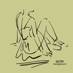 art sketch of sitting on floor and resting beautiful young ballerina in dress