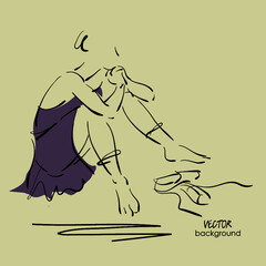 art sketch of sitting on floor and resting beautiful young ballerina in dress