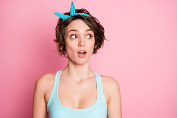 Close-up portrait of her she nice attractive lovely pretty amazed cheery funny girl looking aside thinking creating idea isolated over pink pastel color background © deagreez