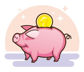 Pink piggy bank with golden coin. Vector illustration