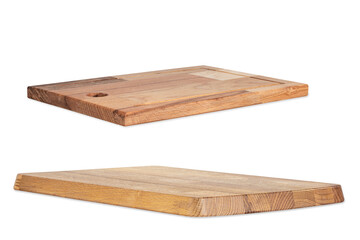 two empty wooden kitchen boards for slicing bread and fruit Isolated on a white background