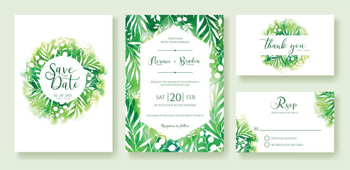 Green Wedding Invitation, save the date, thank you, rsvp card Design template. Watercolour style.