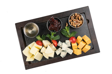 assorted cheese on a tray on a white isolated background
