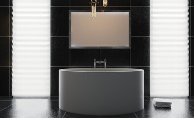 bathroom. large wooden countertop with washbasins. modern dark design.. Blank paintings.  Mockup.. 3D rendering.