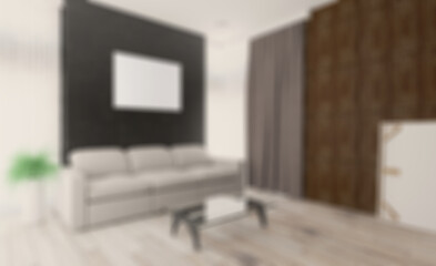 Unfocused, Blur phototography. living room. white leather sofa. big windows. walls made of wood panels. Empty paintings. 3D rendering