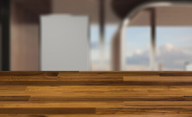 blurred interior on a wooden table background.concept of modern office interior. bent forms. walls of wood. big windows. 3D rendering.. Blank paintings.  Mockup.