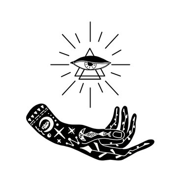 Vector illustration of hand with tattoos, an alchemy symbol with a triangle and an eye with rays. abstract graphics with occult and mystical signs. Hand-drawn style. a spiritual intention. The concept