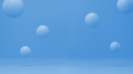 Particles floating in blue studio. empty space for text or product. cosmetic, food and health concept. 3D rendering.