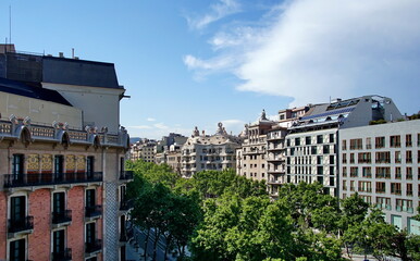 Top view on Gracia avenue with luxurious buildings in Barcelona city