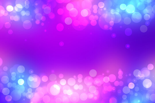 Abstract gradient purple pink blue background texture with blurred bokeh circles and lights. Space for design. Beautiful backdrop.