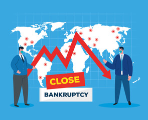 businessmen with masks map and decrease arrow design of bankruptcy and covid 19 virus theme Vector illustration