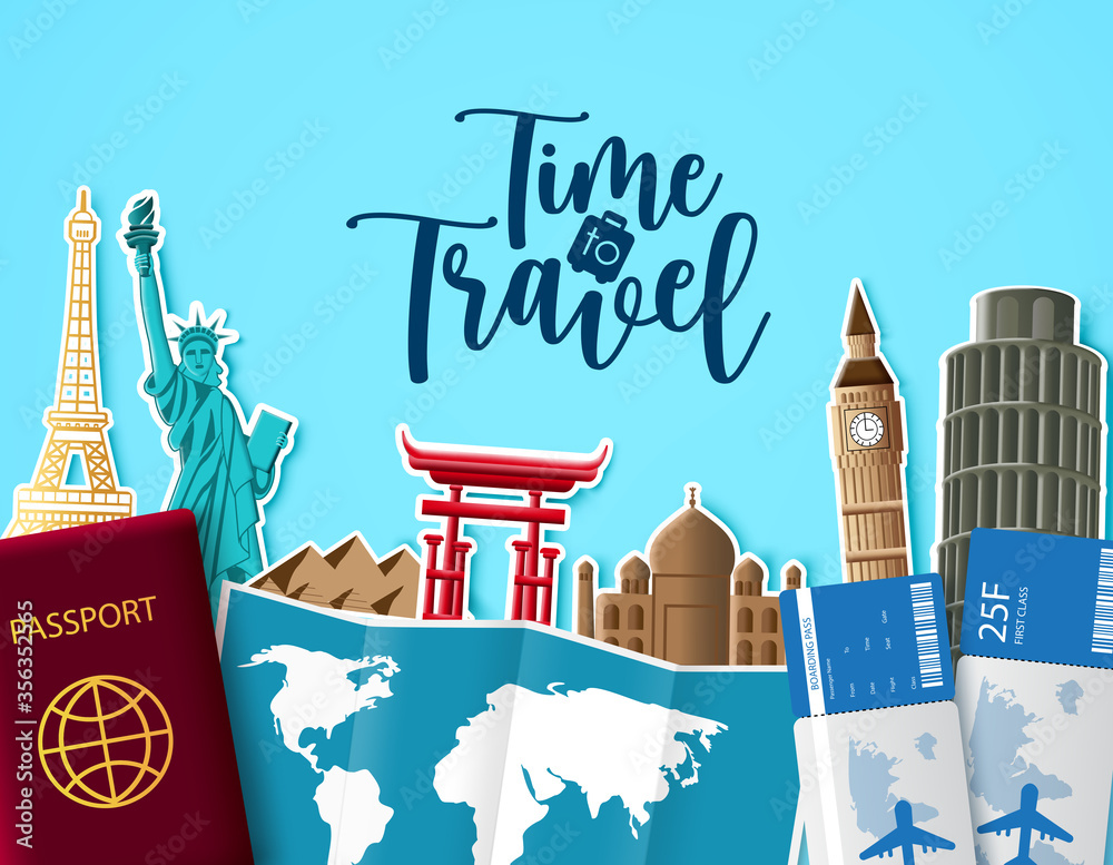 Wall mural time to travel vector background design. time to travel text in blue empty space with trip and tour 