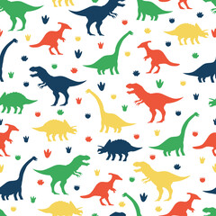 Dinosaurs and footprints vector cartoon seamless pattern on a white background for wallpaper, wrapping, packing, and backdrop. © Roi_and_Roi