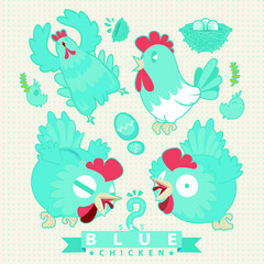 Obraz premium Blue chicken Character design set. easter egg day.