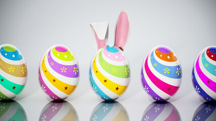 Easter egg with rabbit ears among multi colored easter eggs. 3D illustration