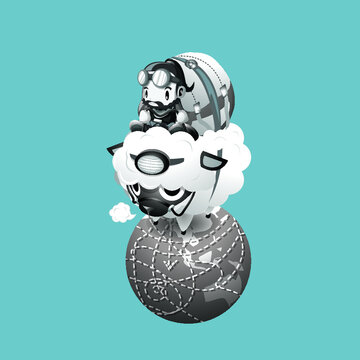 The traveler and a sheep, travel go to around the world. Cartoon illustration.
