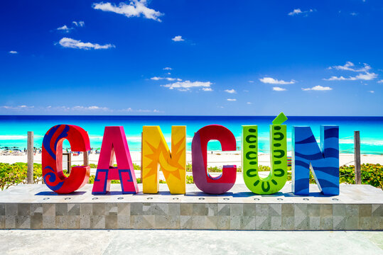 Cancun, Mexico - April 2019. The sing of Cancun city, Yucatan Riviera Maya with Playa Delfines.
