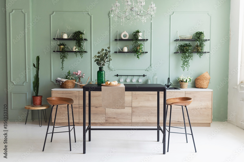 Wall mural scandinavian classic kitchen with wooden decor and green plants, minimalistic interior design. real 