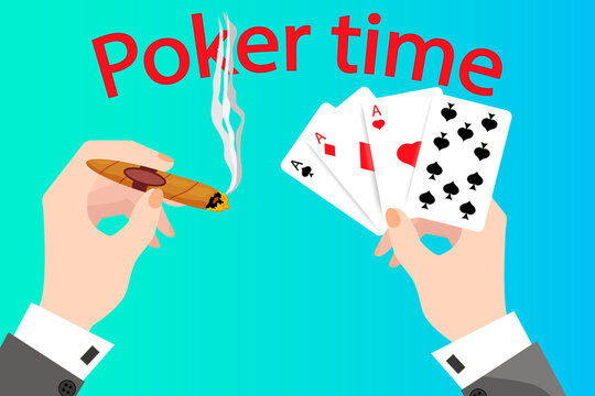 Poker time.Gambling win and risk .Playing cards, cigars, and cigar smoke.Color of the game room.Flat vector illustration.