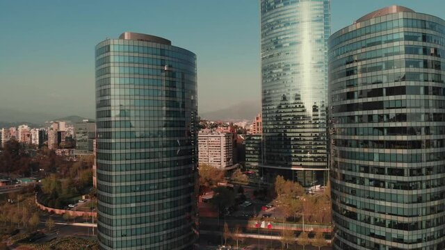 Flying between two buildings on concrete jungle, Santiago, Chile-4K
