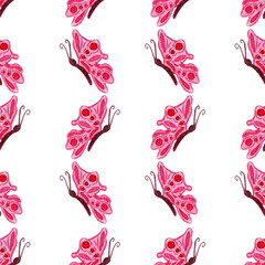 Seamless pattern of delicate pink butterflies against white background. Isolated butterflies. Watercolor pink butterflies. Bright girly print. Spring mood. Bright design for textiles, factories.