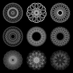 String art. Sacred geometry. Spirograph and black background. Vector elements set.
