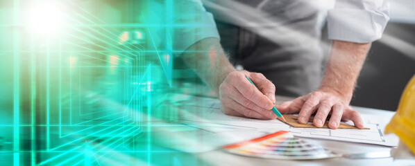 Architect working on a project; multiple exposure