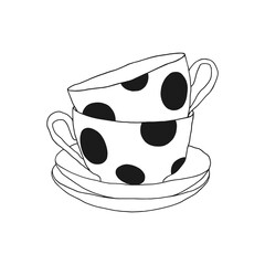 Two stacked dotted cups with saucers line art on the white background. Kitchen and cafe cup illustration 