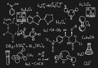 Chemical formula and outlines on blackboard. Vector doodle set. Education and scientific background.