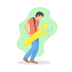 Standing man holding and playing golden saxophone. Jazz music instrument concept. Solo saxophonist. Male street musician. Live performance - Simple flat design vector character illustration.