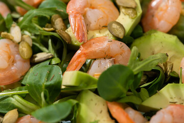 close up view of fresh green salad with pumpkin seeds, shrimps and avocado