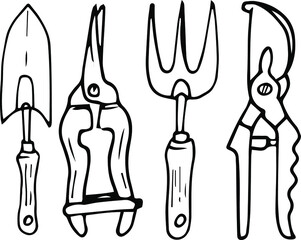 A set of four items of garden equipment. Everything for gardening. Drawing doodling. Manual of linear drawing. Vector graphics