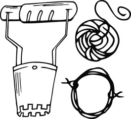 A set of three items of garden equipment. Everything for gardening. Drawing doodling. Manual of linear drawing. Vector graphics