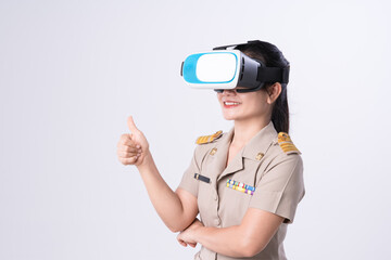 Thai teachers in official uniform watching virtual reality video with VR headset for smart phone
